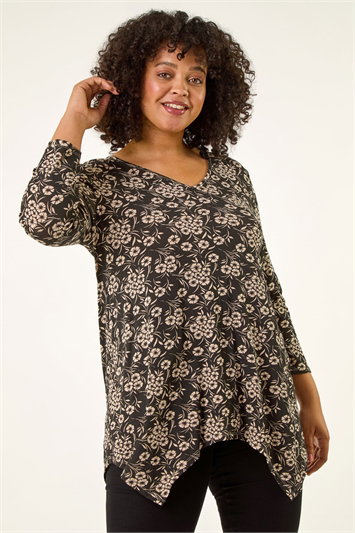 Black Curve Floral V-Neck Stretch Top