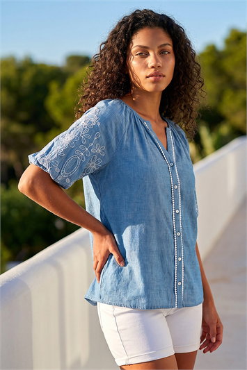 Blue Petite Embroidered V-Neck Top