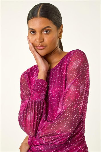 Pink Printed Stud Mesh Stretch Top