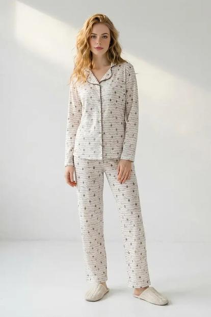 Multi Animal Print Piped Revere Collar Long Sleeve Pyjama Set