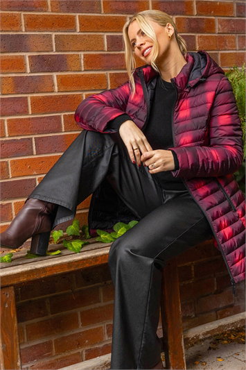 Red Check Print Quilted Puffer Coat