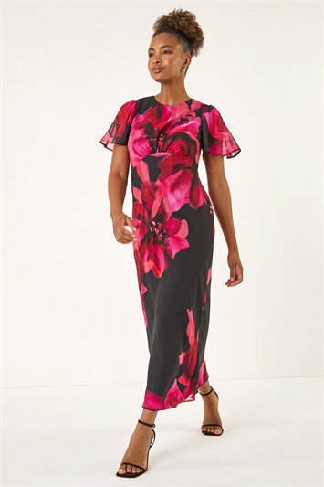 Red Floral Print Flutter Sleeve Midi Dress