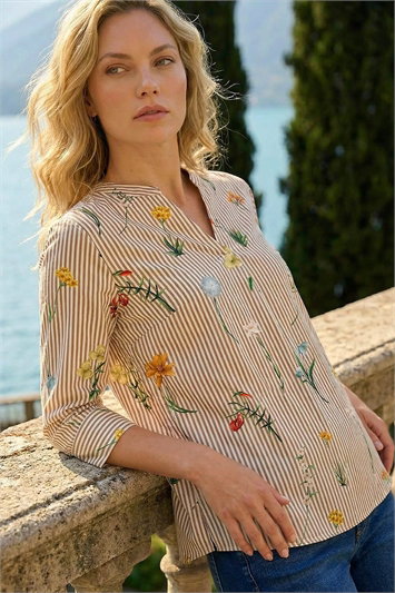 Cream Floral Stripe Pleated Top