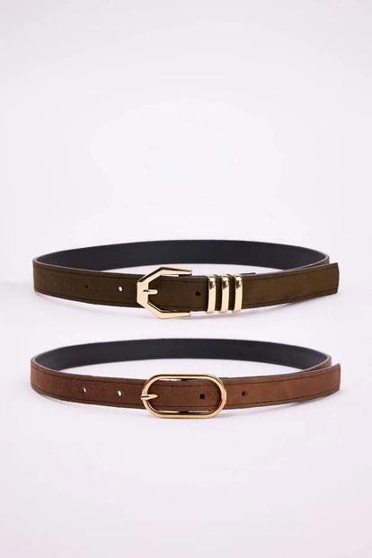 Multi Double Pack Gold Buckle Faux Suede Slim Fashion Belt