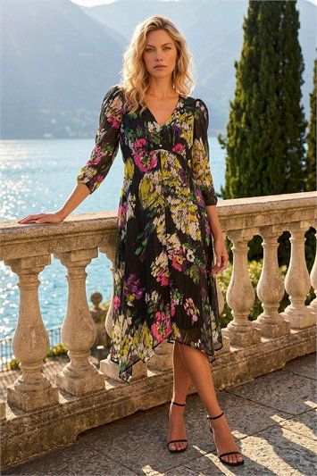 Black Floral Print Chiffon Midi Dress
