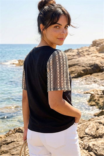 Dusk Contrast Crochet Sleeve Top 19413408