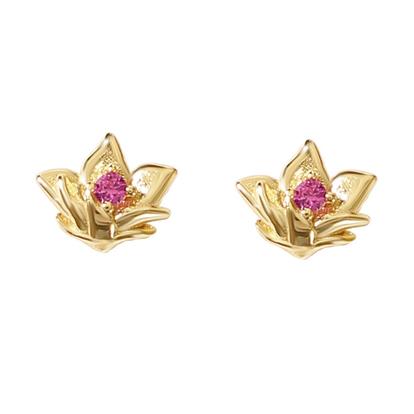 Metallic Ruby July Birthstone Larkspur Birthflower Gold Plated Stud Earrings