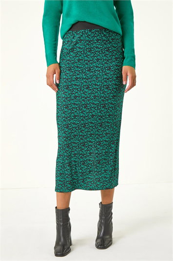 Green Plisse Spot Print Stretch Maxi Skirt