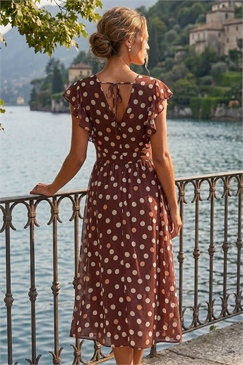Polka Dot V-Neck Frill Midi Dress 14794014