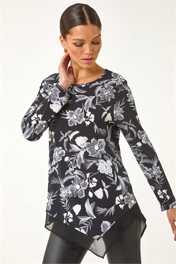 Black Floral Print Chiffon Hem Stretch Top