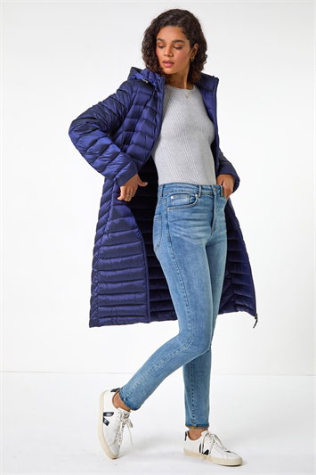 Blue Longline Hooded Padded Coat