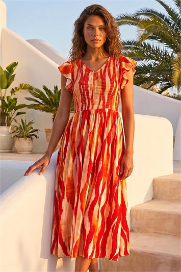 Red Wave Print Shirred Midi Dress