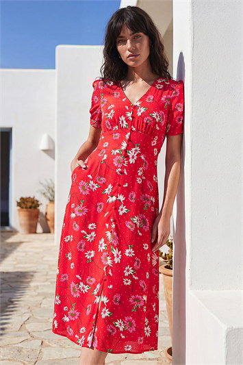 Red Floral Ruched Sleeve Dress