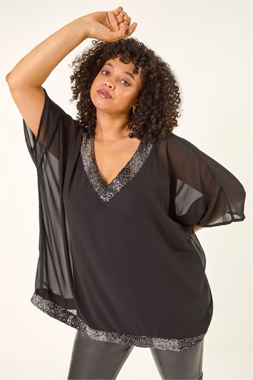 Black Curve Sequin Trim V-Neck Kaftan