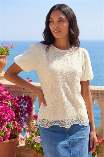 Cream Sequin Lace Puff Sleeve Top