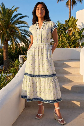 White Petite Floral Print Tiered Midi Dress
