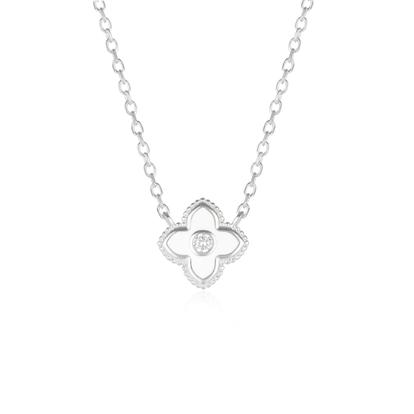 Metallic White Enamel Four Leaf Clover Necklace With Gemstone In Sterling Silver