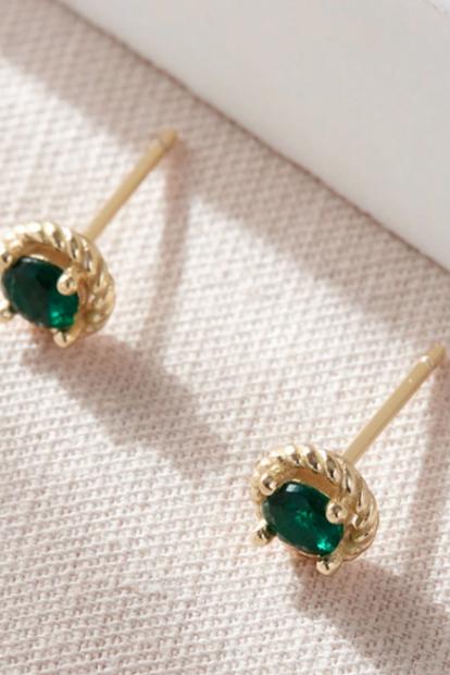 Green Gold Round Emerald Green Cz Studs