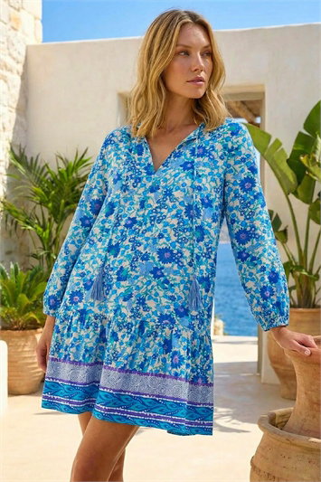 Floral Print Border Smock Dress 14725809