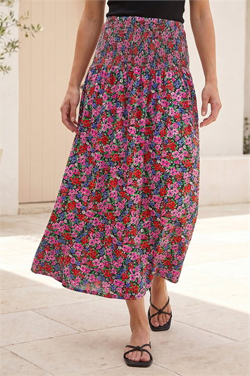 Red Petite Floral Print Shirred Midi Skirt
