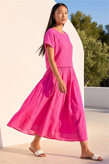Pink Cotton Top Overlay Midi Dress