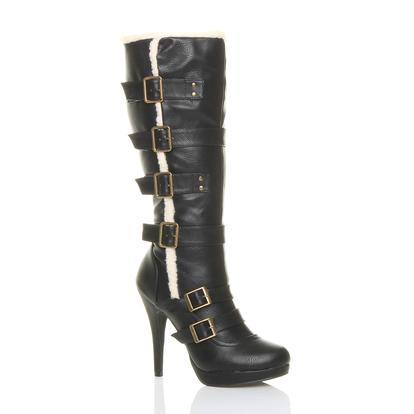 High Heel Aviator Shearling Trim Platform Calf Boots M000031601