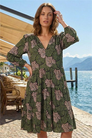 Petite Abstract Leaf Tiered Smock Dress 14846440