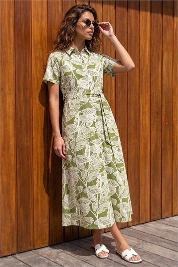 Green Leaf Print Belted Shirt Dress