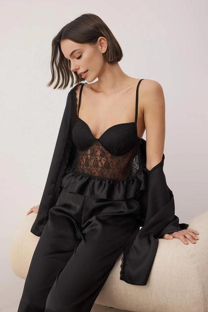 Black Lace Corset Satin Robe And Wide Leg 3-Piece Pyjama Set