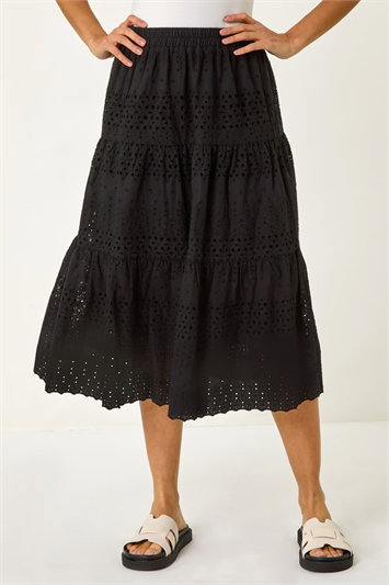 Black Broderie Cotton A-Line Midi Skirt