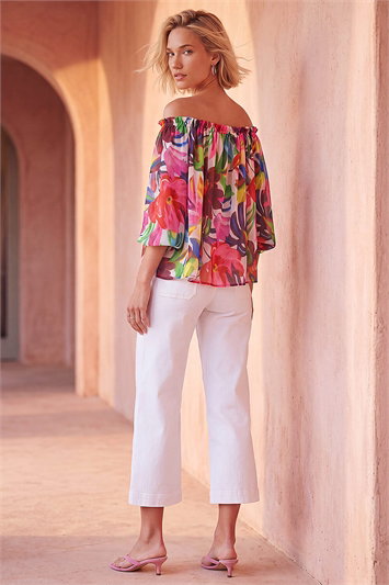 Floral Print Tie Front Bardot Top 20254672