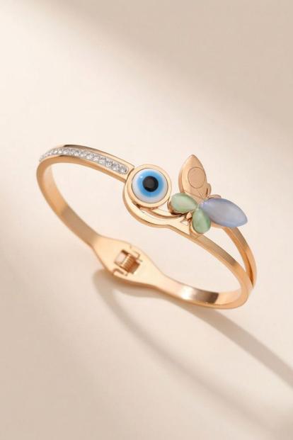 Metallic Large Colourful Butterfly Evil Eye Open Cuff Bangle