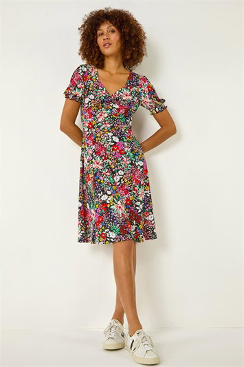 Multi Floral Print Ruched Stretch Dress