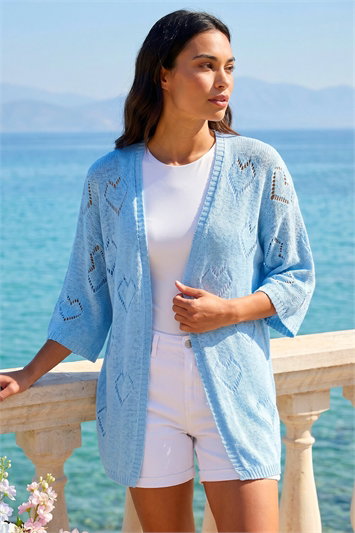 Blue Pointelle Heart Knit Cardigan