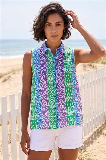 Blue Ikat Print Button Up Blouse
