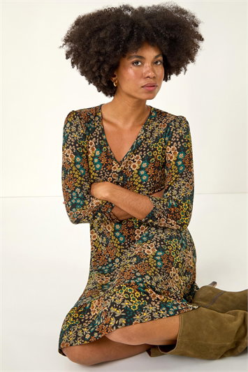 Blue Floral Print V-Neck Stretch Dress