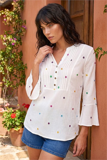 White Floral Embroidered Buttoned Top