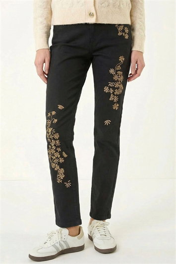 Black Floral Embroidered Stretch Jeans