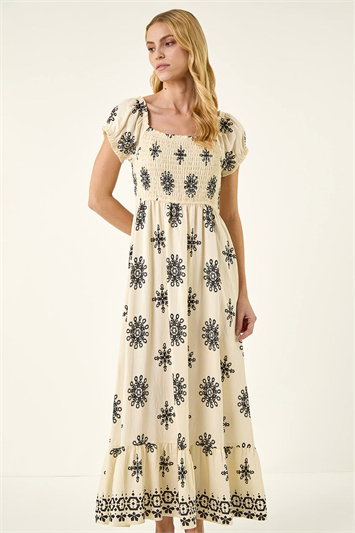 White Broderie Shirred Maxi Dress