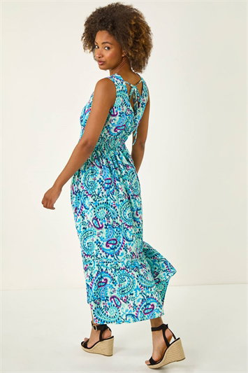 Blue Paisley Print Shirred Maxi Dress