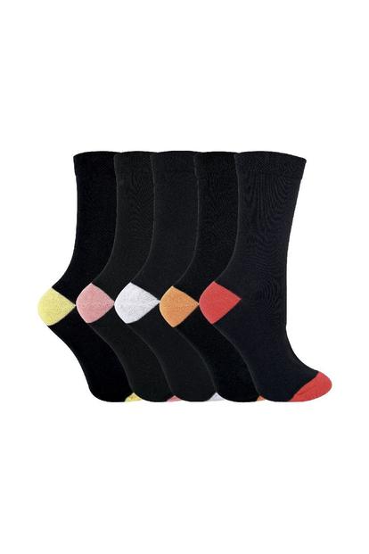 Grey 5 Pack Ladies Soft Top Cotton Rich Socks With Coloured Heel & Toe