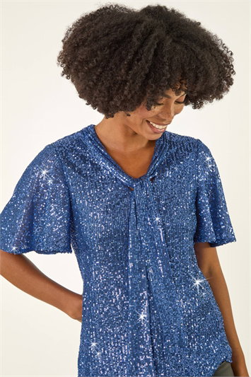Blue Sequin Tie Neck Top