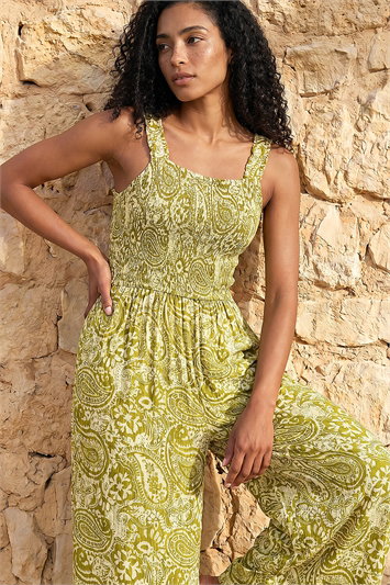 Green Paisley Print Cropped Jumpsuit