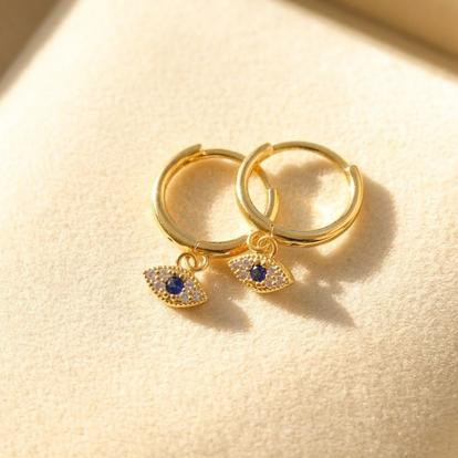 Metallic Minimalist Small Evil Eye Charm Dainty Hoop Earrings