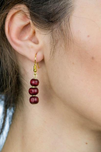 Red Three Red Sandalwood Pearl Drop Lightweight Dangle Hook Earrings