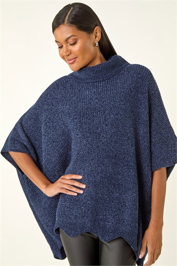 Blue Chenille Roll Neck Oversized Knit Tunic