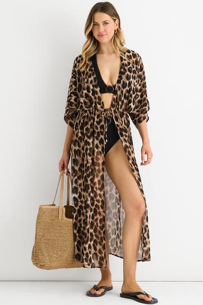 Brown Brown Animal Print Flowy Open Front Beach Cover Kimono