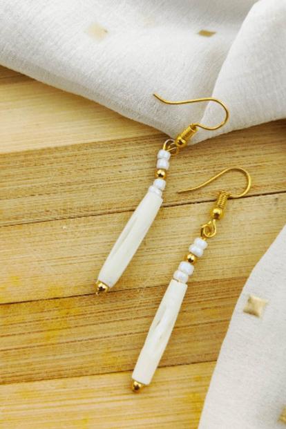 White Long Pipe Slim Shell Hook Earrings, Lightweight White Drop