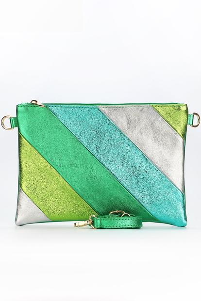 Green Rainbow Striped Italian Leather Clutch Bag
