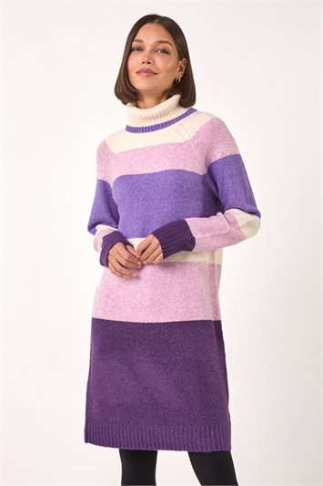 Purple Stripe Roll Neck Knitted Dress